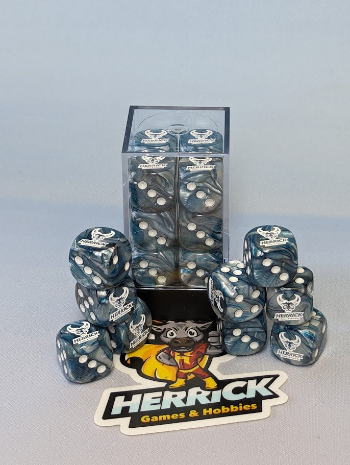 Herrick Games and Hobbies (12) Blue/Grey D6 in Acrylic Box (Herrick Logo Replaces the 6)