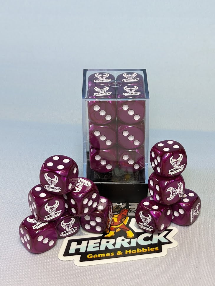 Herrick Games and Hobbies (12) Purple D6 in Acrylic Box (Herrick Logo Replaces the 6)